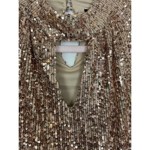 Cable & Gauge Gold Sequined Keyhole Neck Long Sleeve Lined Top Size Medium - Picture 2 of 6